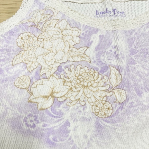 Lucky Tees Womens Cream Purple Lace Accent Dragon Lotus Flower Print Tank Size M - Picture 12 of 12